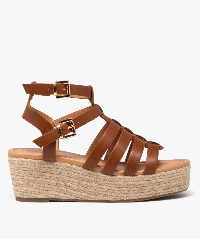 Sandales femme à talon compensé en corde avec multi-brides montantes
